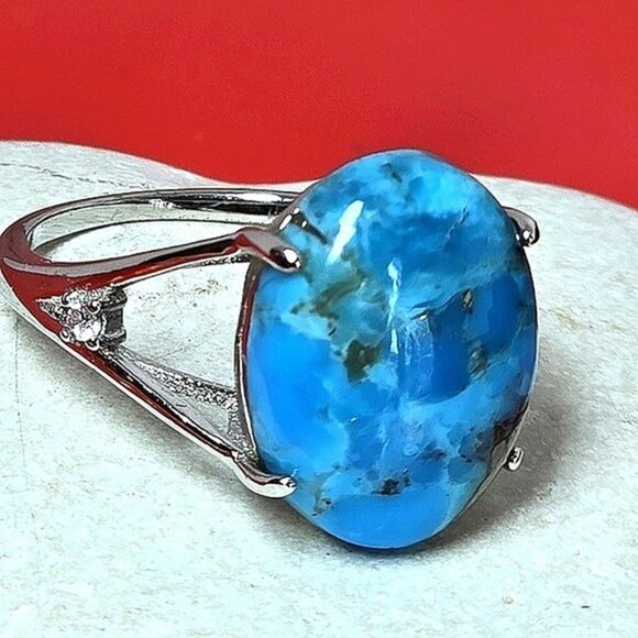 925 Sterling Silver Ring SZ 7 with Natural 12x15mm Turquoise Gemstone & CZ - Picture 2 of 12